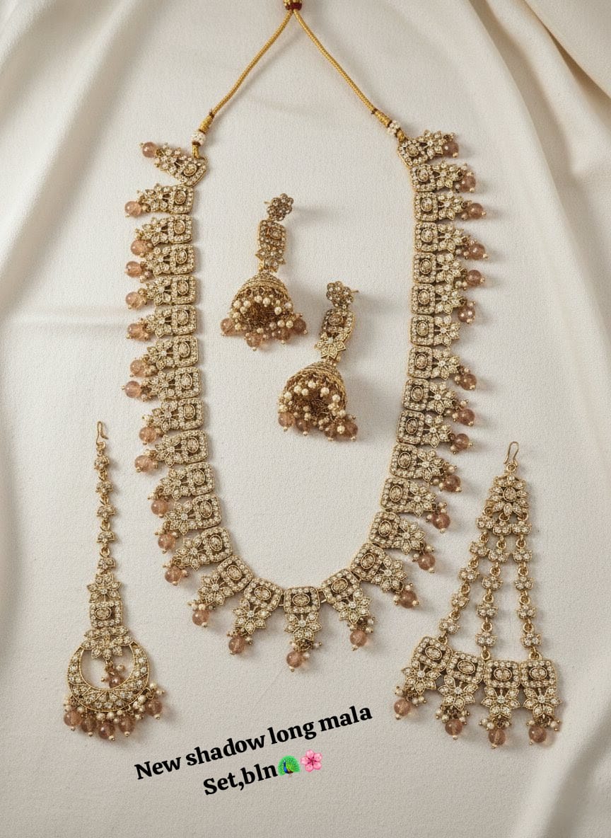 Wedding Collection Antique Gold Plated Long Necklace With Earrings & Tikka Set